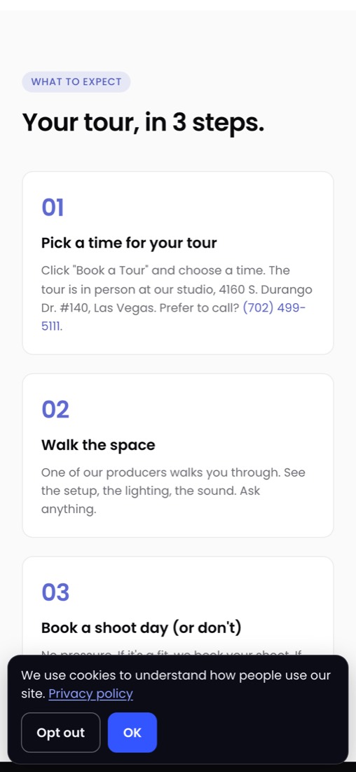 Tour page steps on mobile saying the tour is in person