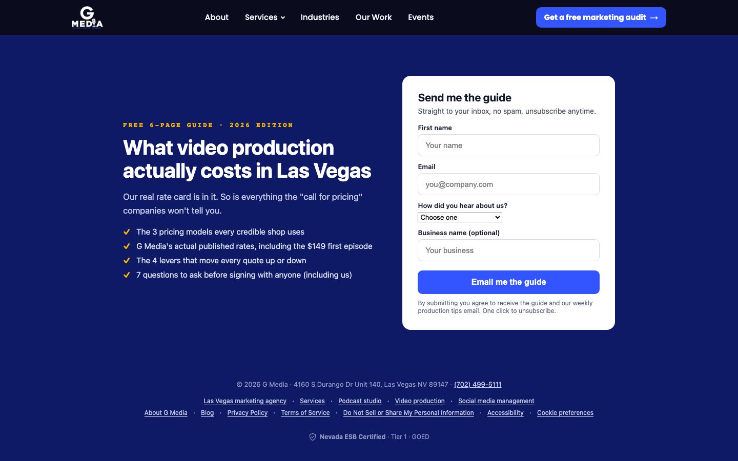 Pricing guide on desktop with the site menu