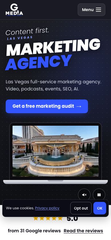 Homepage on a phone with the one-row cookie notice