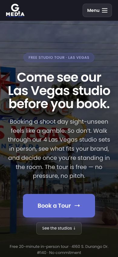 Studio tour page on a phone with the site menu