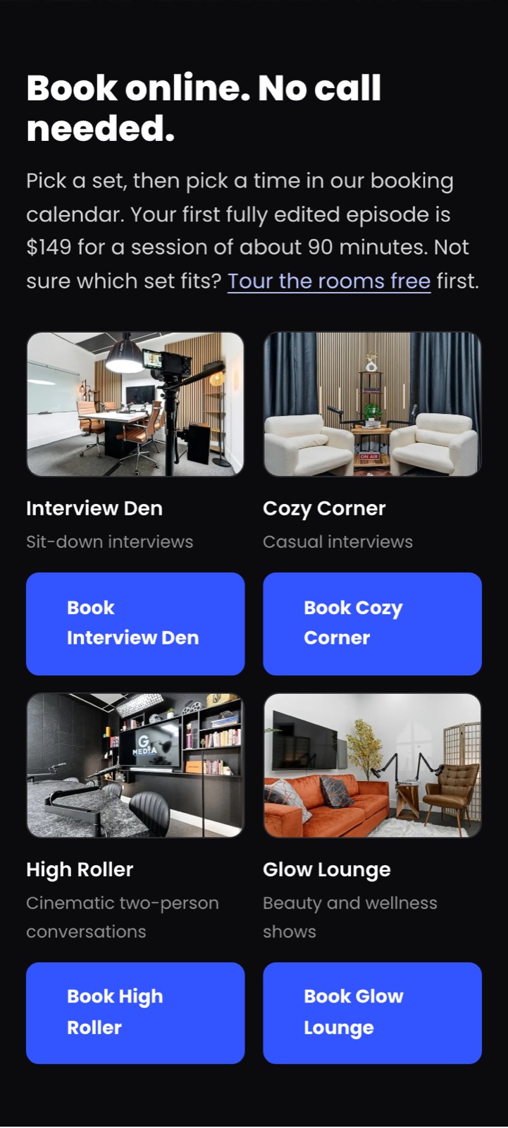 Podcast studio page with a booking button for each of the four sets