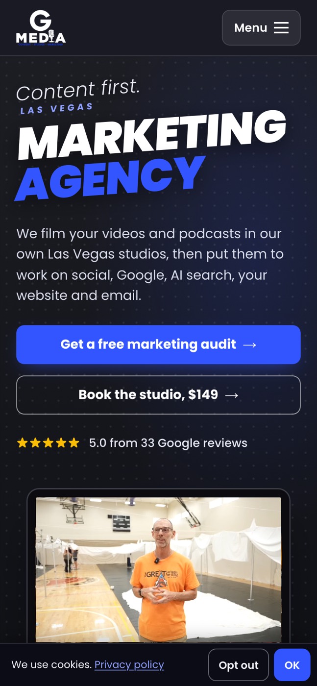 Homepage hero on a phone with the Book the studio button and 33 Google reviews