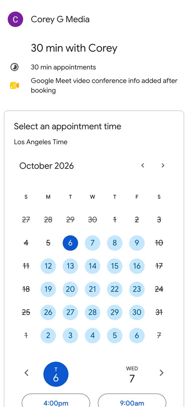 Booking page that the tour button opens