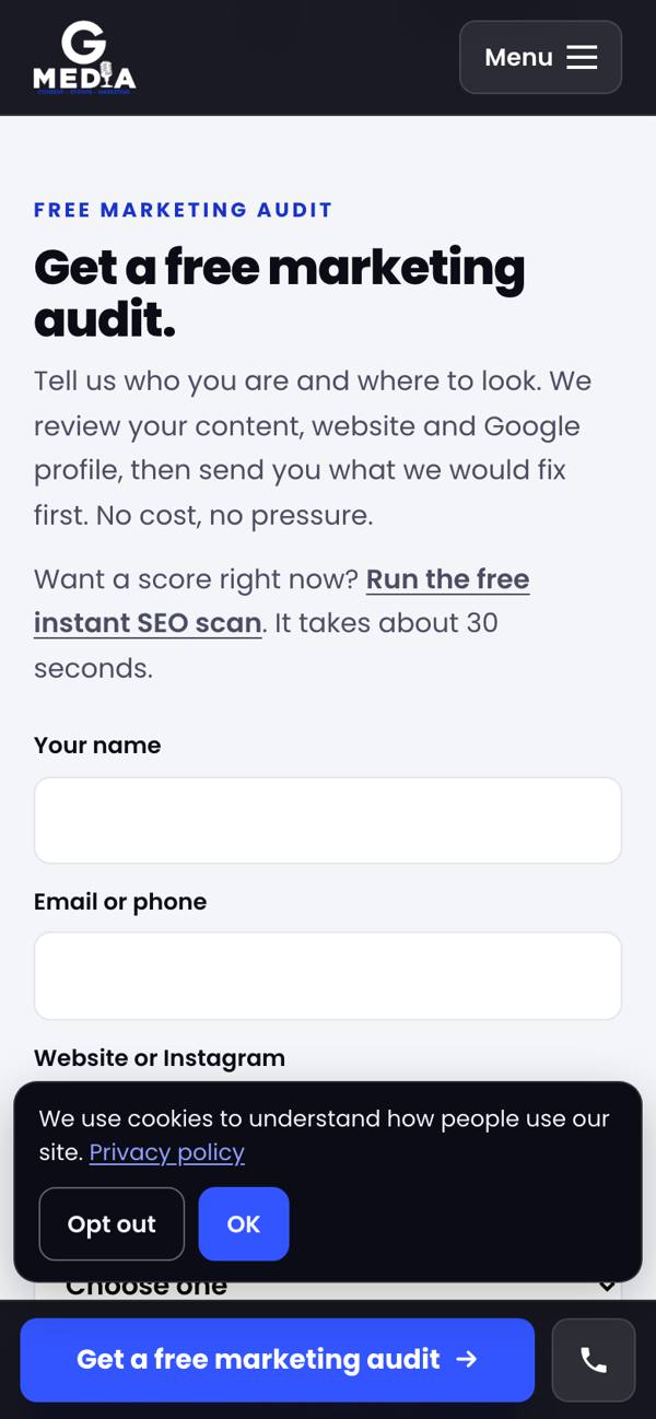 Homepage audit form on mobile with cookie notice